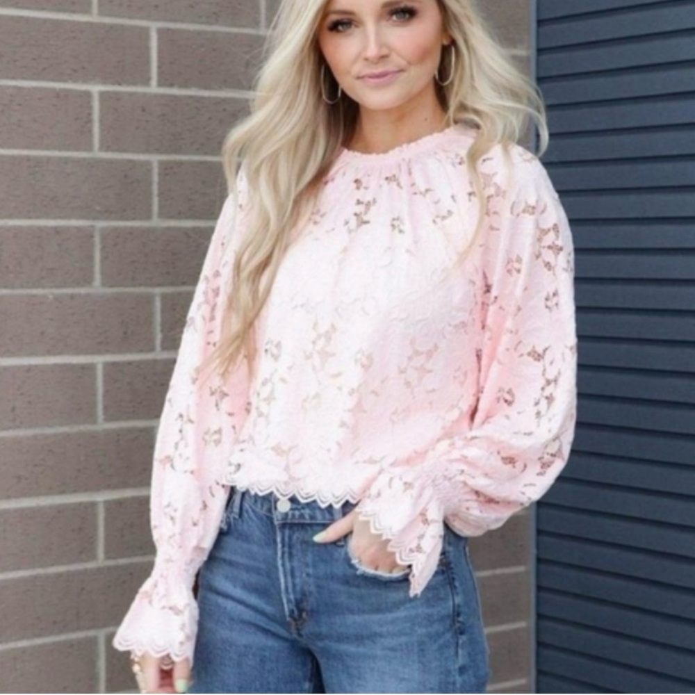 Free People Lace Long Sleeve Floral Embroidered Pink Women's Top